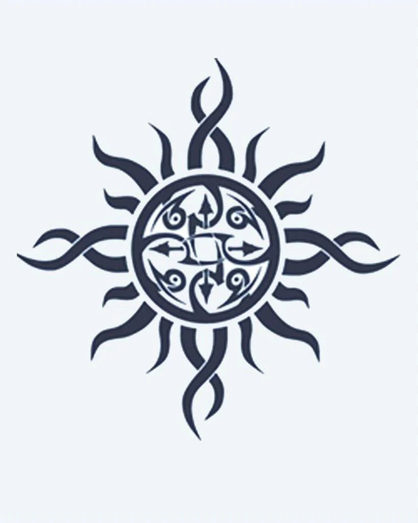 Tribal Sun semi-permanent tattoo design by INKON – ornate, tribal, flowing, flame, rays illustration, 2 x 2 in (5x5cm), available at inkon.co