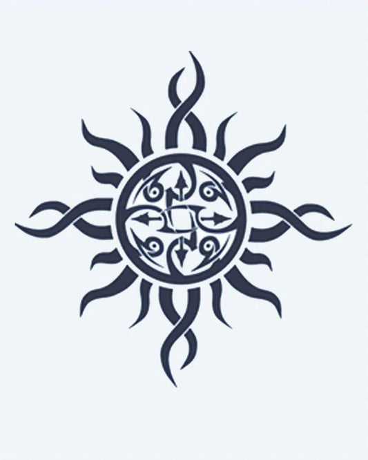 Tribal Sun semi-permanent tattoo design by INKON – ornate, tribal, flowing, flame, rays illustration, 2 x 2 in (5x5cm), available at inkon.co