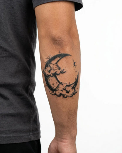 INKON Crescent Moon & Clouds semi-permanent tattoo applied on a man – 4 x 4 in (9x9cm) design, realistic ink look, lasts 10 days
