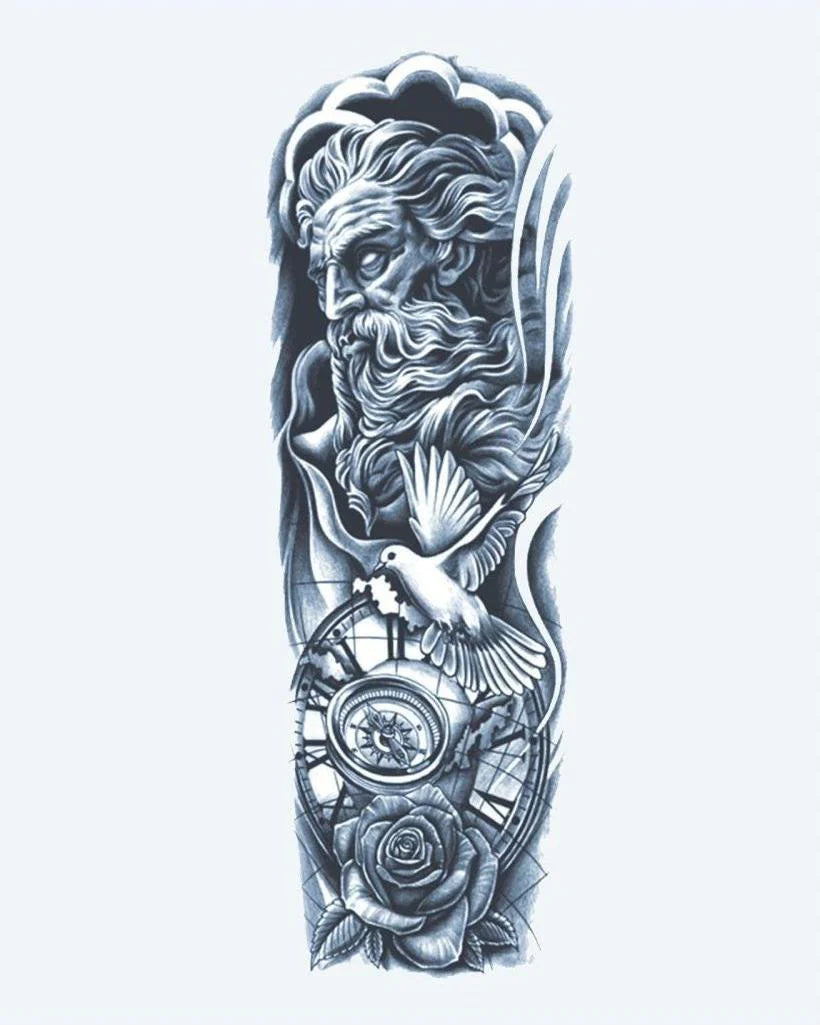 Zeus, Dove & Globe semi-permanent tattoo design by INKON – godly, full, sleeve, zeus, dove illustration, 8 x 20 in (20x50cm), available at inkon.co