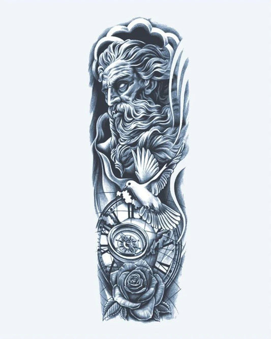 Zeus, Dove & Globe semi-permanent tattoo design by INKON – godly, full, sleeve, zeus, dove illustration, 8 x 20 in (20x50cm), available at inkon.co