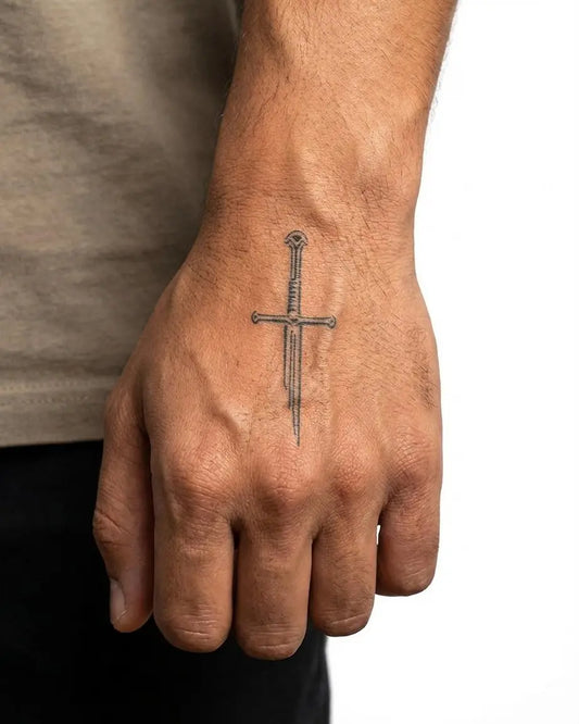 INKON Medieval Sword semi-permanent tattoo applied on a man – 2 x 2 in (5x5cm) design, realistic ink look, lasts 10 days