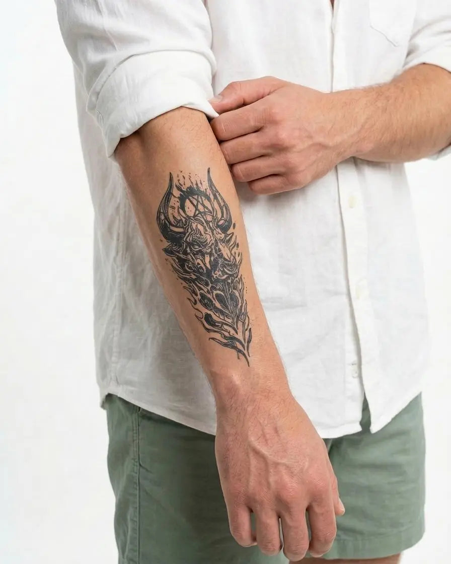 INKON Demon Skull semi-permanent tattoo applied on a man – 4 x 7 in (10x17cm) design, realistic ink look, lasts 10 days