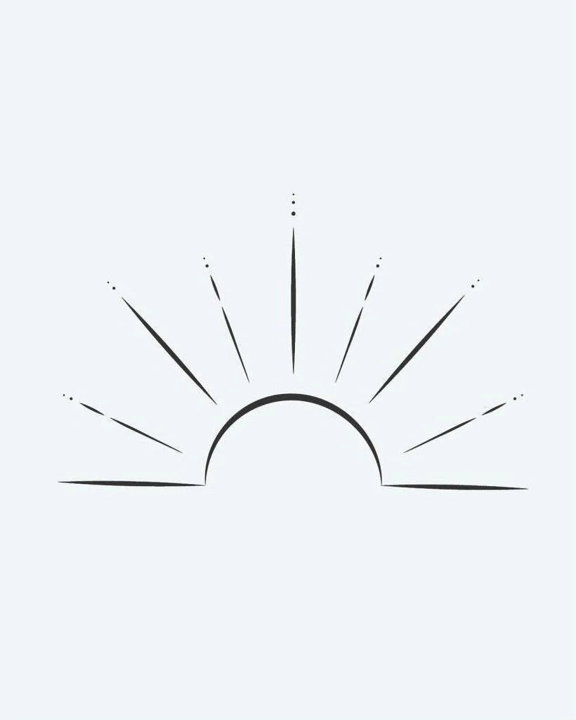 Rising Sun semi-permanent tattoo design by INKON – delicate, half, radiating, rays, dotted illustration, 2 x 2 in (5x5cm), available at inkon.co