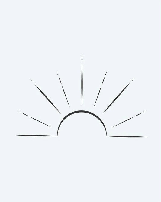 Rising Sun semi-permanent tattoo design by INKON – delicate, half, radiating, rays, dotted illustration, 2 x 2 in (5x5cm), available at inkon.co