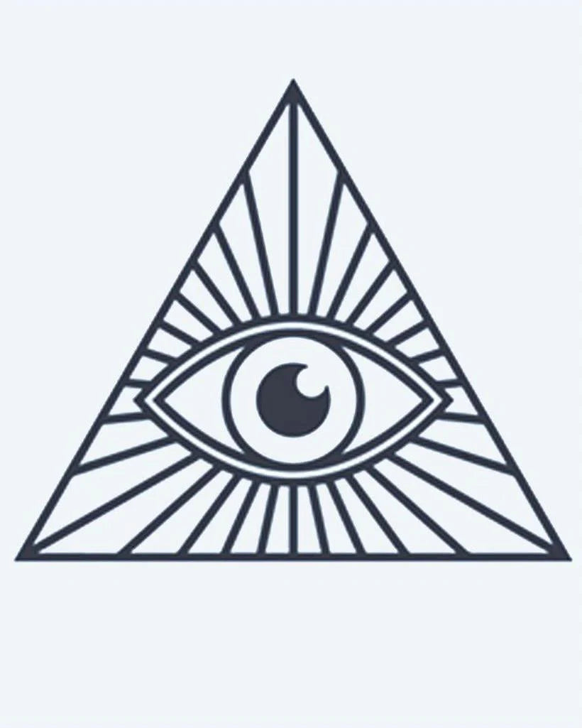 All-Seeing Eye semi-permanent tattoo design by INKON – providence, inside, triangle, radiating, light illustration, 2 x 2 in (5x5cm), available at inkon.co
