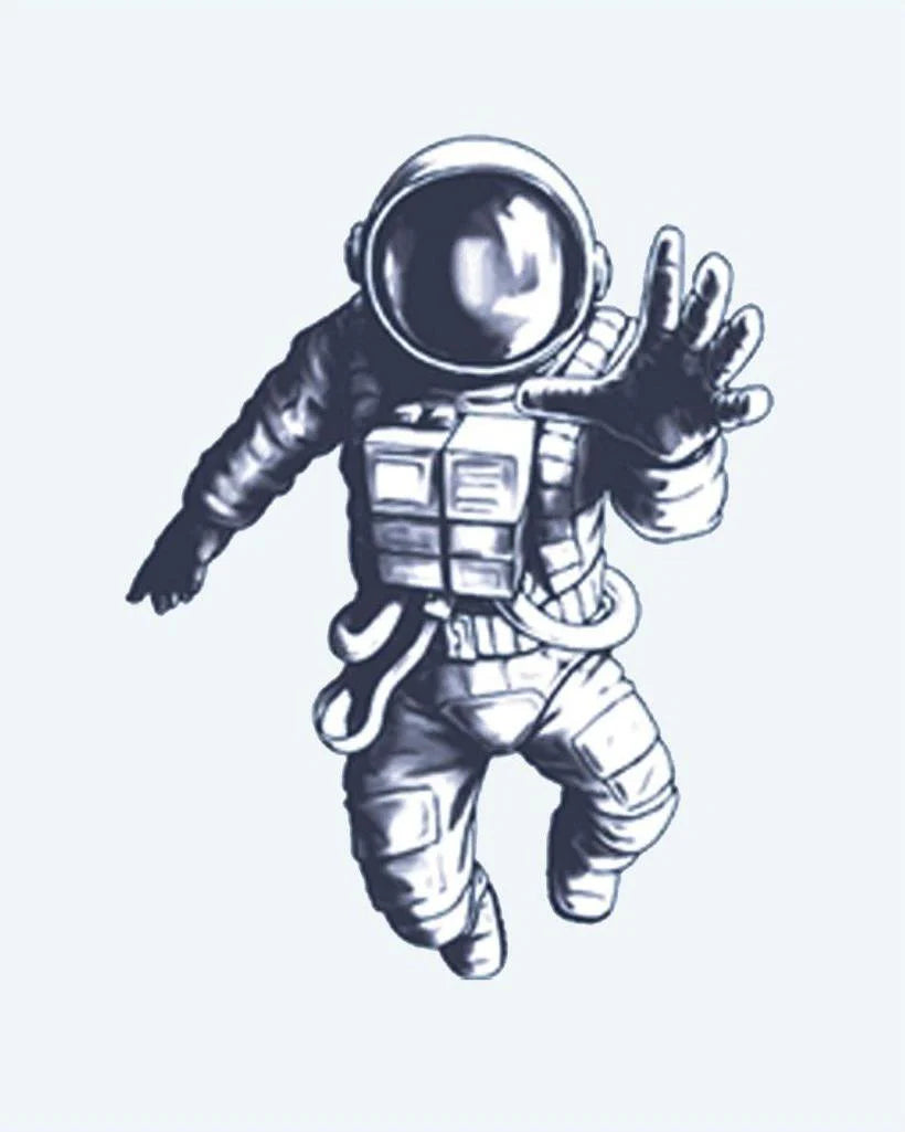 Floating Astronaut semi-permanent tattoo design by INKON – astronaut, floating, zero, gravity, reaching illustration, 2 x 2 in (5x5cm), available at inkon.co