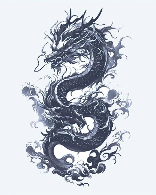 Asian Dragon semi-permanent tattoo design by INKON – majestic, coiling, asian, dragon, flowing illustration, 4 x 7 in (10x17cm), available at inkon.co
