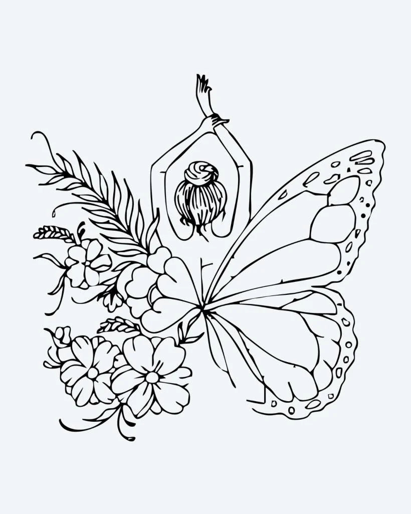 Floral Butterfly Woman semi-permanent tattoo design by INKON – whimsical, woman, butterfly, wings, surrounded illustration, 4 x 4 in (9x9cm), available at inkon.co
