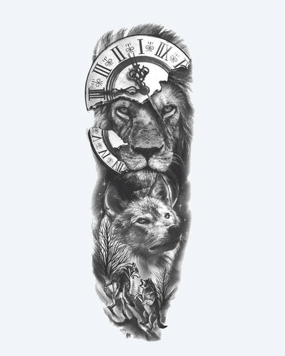 Lion, Wolf & Clock semi-permanent tattoo design by INKON – full, sleeve, majestic, lion, wolf illustration, 8 x 20 in (20x50cm), available at inkon.co
