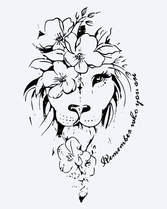Floral Lion semi-permanent tattoo design by INKON – gentle, lion, face, adorned, crown illustration, 4 x 7 in (10x17cm), available at inkon.co