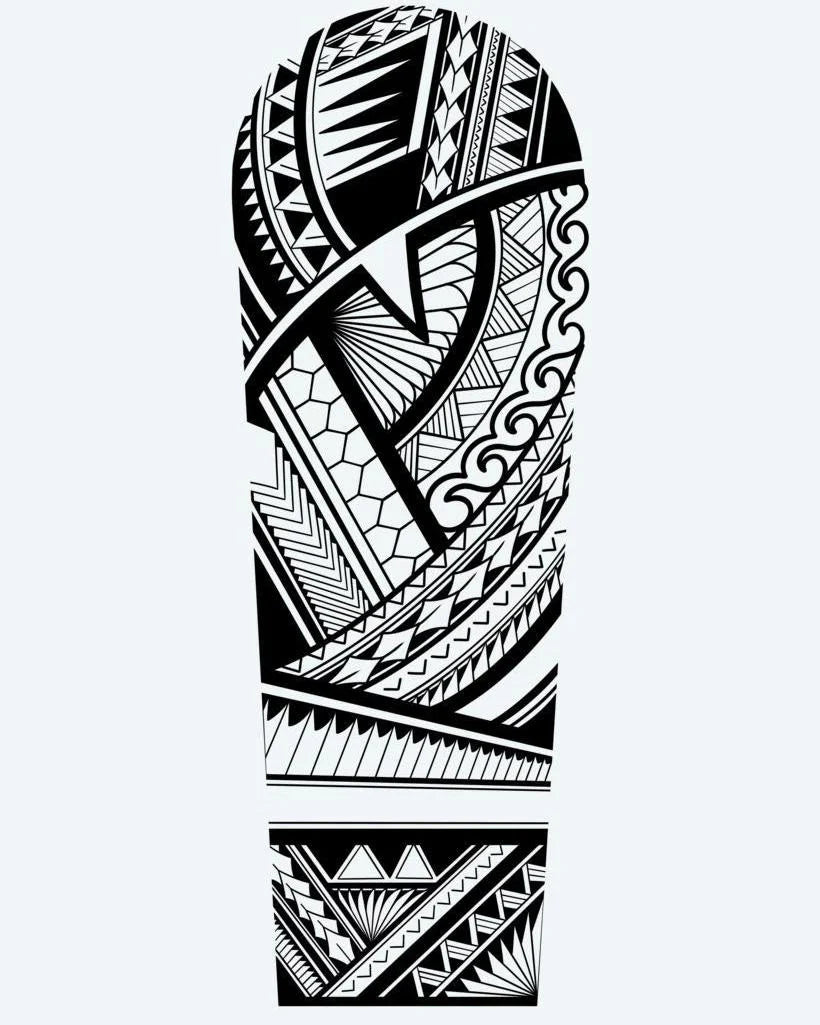 Samoan Geometric Sleeve semi-permanent tattoo design by INKON – samoan, layered, geometric, bands, wave illustration, 8 x 20 in (20x50cm), available at inkon.co