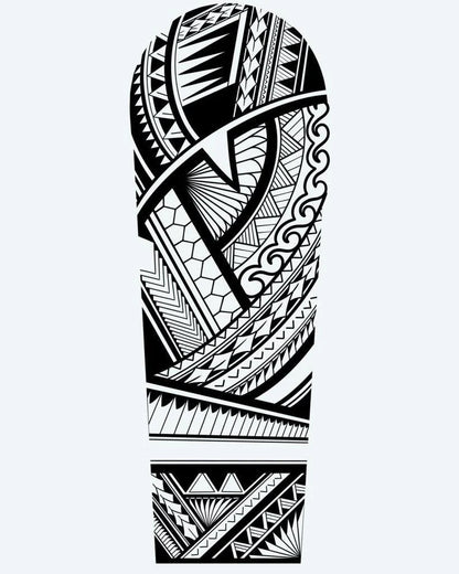 Samoan Geometric Sleeve semi-permanent tattoo design by INKON – samoan, layered, geometric, bands, wave illustration, 8 x 20 in (20x50cm), available at inkon.co