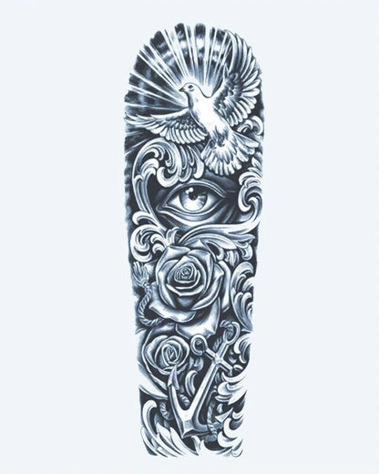 Dove, Eye & Anchor semi-permanent tattoo design by INKON – symbolic, full, sleeve, dove, flight illustration, 8 x 20 in (20x50cm), available at inkon.co