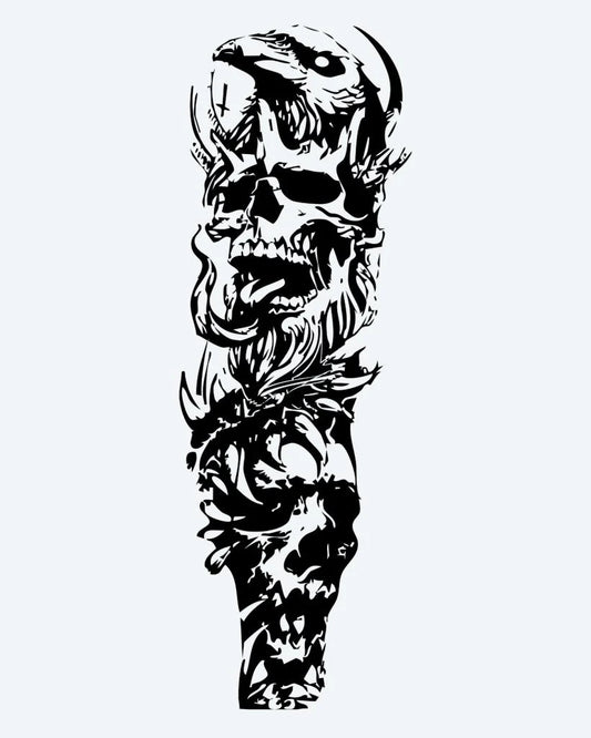 Skull & Floral Chaos semi-permanent tattoo design by INKON – aggressive, snarling, skull, swirling, organic illustration, 8 x 20 in (20x50cm), available at inkon.co