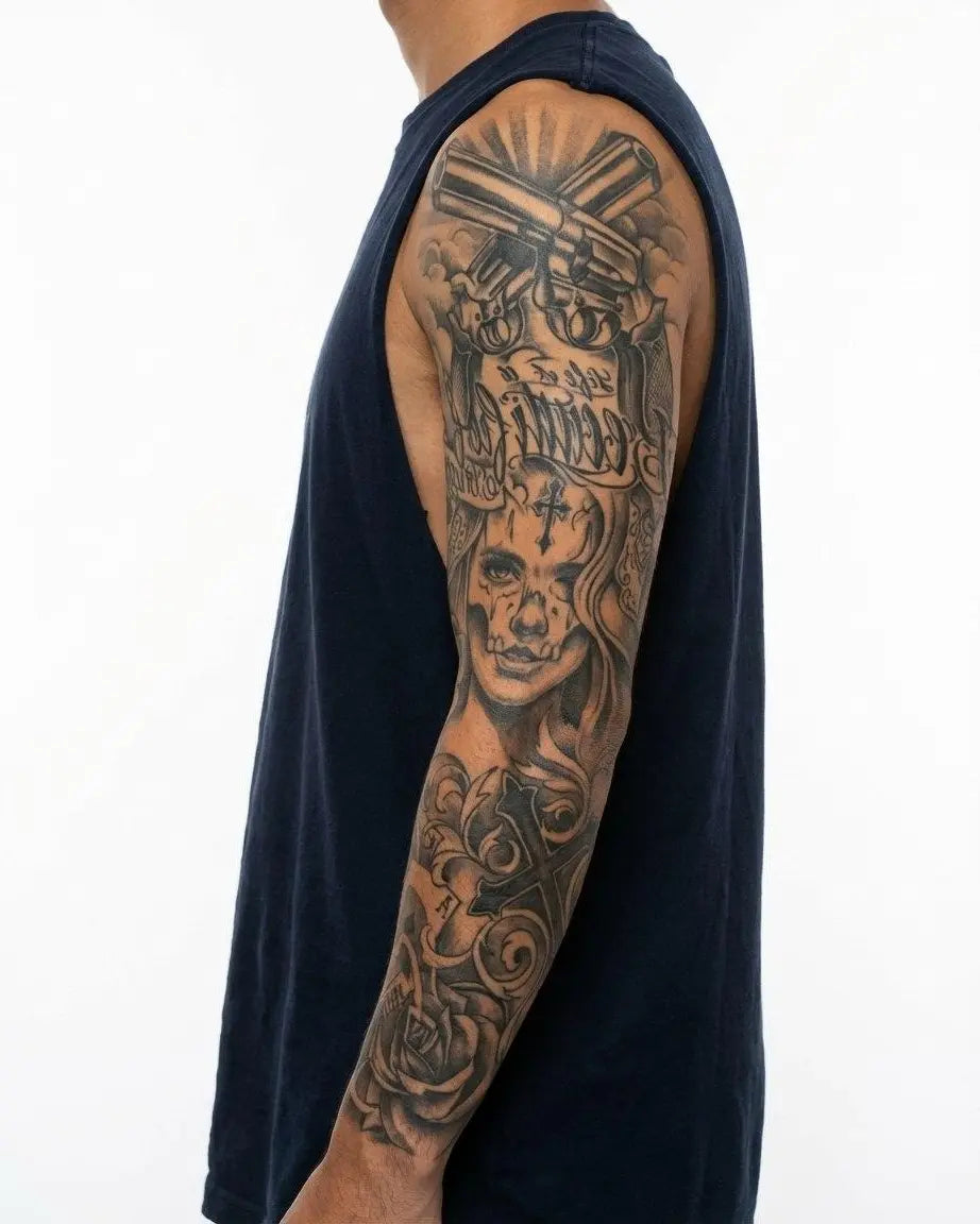 INKON Chicano Woman & Revolvers semi-permanent tattoo applied on a man – 8 x 20 in (20x50cm) design, realistic ink look, lasts 10 days