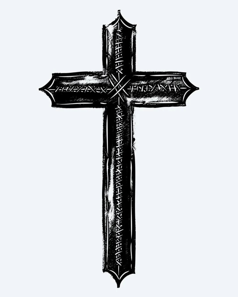 Rustic Cross semi-permanent tattoo design by INKON – textured, weathered, cross, rugged, carved illustration, 3 x 4 in (6x11cm), available at inkon.co