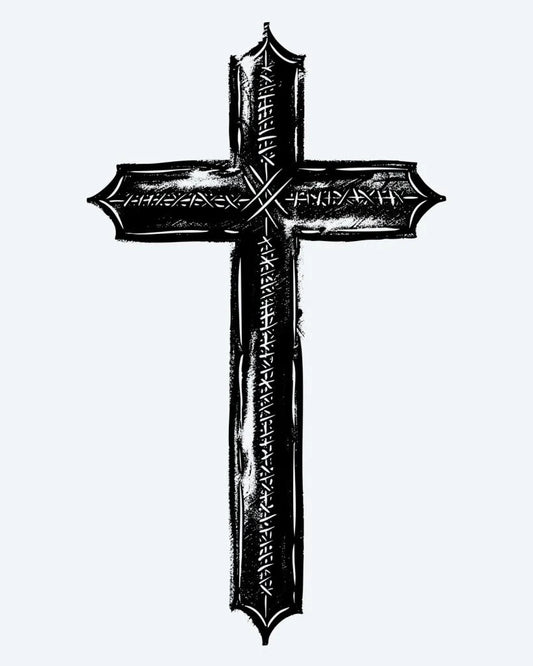 Rustic Cross semi-permanent tattoo design by INKON – textured, weathered, cross, rugged, carved illustration, 3 x 4 in (6x11cm), available at inkon.co