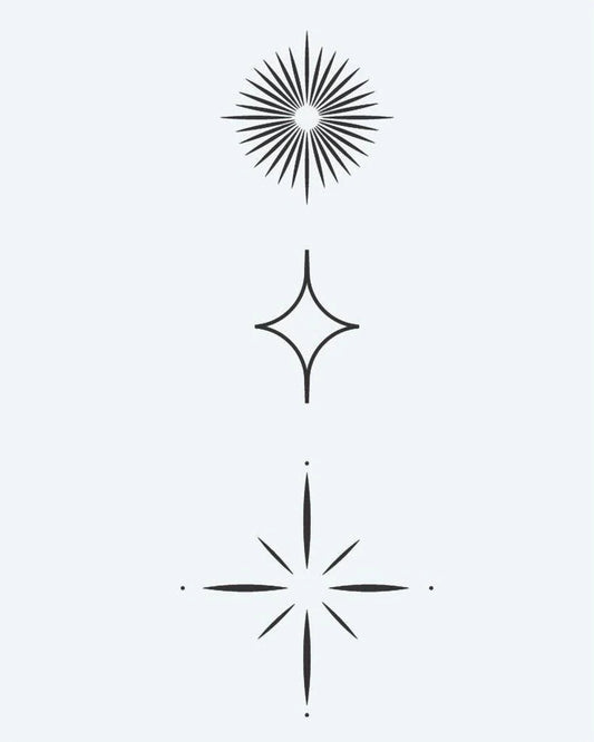 Celestial Starburst Trio semi-permanent tattoo design by INKON – minimalist, three, geometric, star, shapes illustration, 3 x 4 in (6x11cm), available at inkon.co