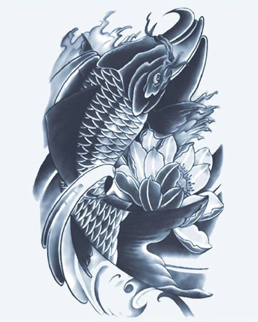 Koi Fish & Lotus semi-permanent tattoo design by INKON – japanese, fish, swimming, alongside, blooming illustration, 4 x 7 in (10x17cm), available at inkon.co