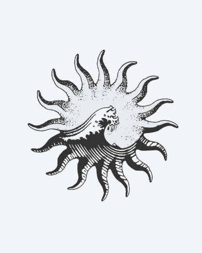 Sun & Wave semi-permanent tattoo design by INKON – vintage, wavy, rays, crashing, ocean illustration, 4 x 4 in (9x9cm), available at inkon.co