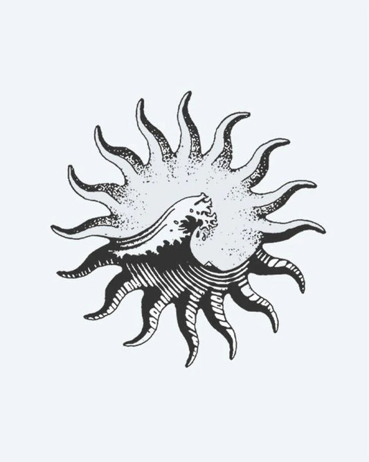 Sun & Wave semi-permanent tattoo design by INKON – vintage, wavy, rays, crashing, ocean illustration, 4 x 4 in (9x9cm), available at inkon.co
