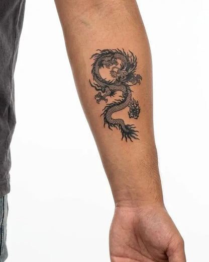INKON Chinese Dragon 2 semi-permanent tattoo applied on a man – 3 x 4 in (7x10cm) design, realistic ink look, lasts 10 days