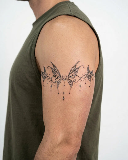 INKON Butterfly Heart Band semi-permanent tattoo applied on a man – 4 x 8 in (11x21cm) design, realistic ink look, lasts 10 days