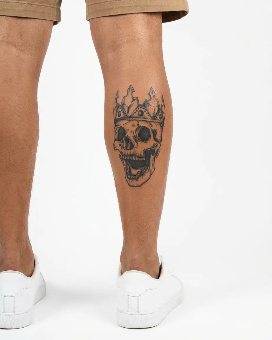 INKON Crowned Skull semi-permanent tattoo applied on a man – 4 x 7 in (10x17cm) design, realistic ink look, lasts 10 days