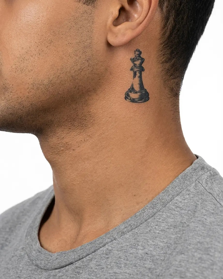 INKON Engraved Chess King semi-permanent tattoo applied on a man – 2 x 2 in (5x5cm) design, realistic ink look, lasts 10 days