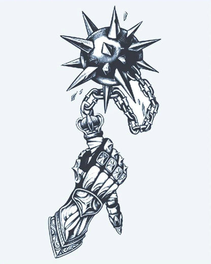 Armored Fist & Mace semi-permanent tattoo design by INKON – medieval, gauntlet, gripping, spiked, flail illustration, 4 x 7 in (10x17cm), available at inkon.co