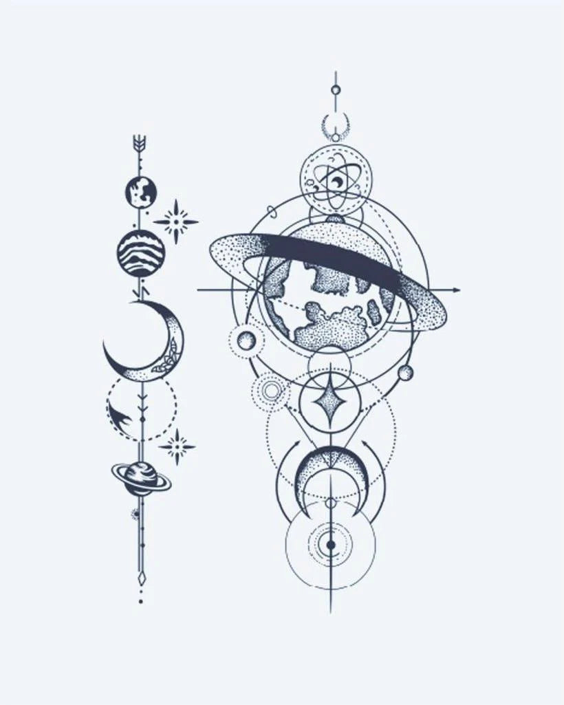 Cosmic Globe & Planets semi-permanent tattoo design by INKON – geometric, celestial, earth, globe, orbiting illustration, 3 x 4 in (6x11cm), available at inkon.co