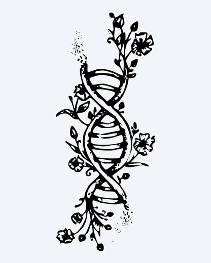 Floral DNA Helix semi-permanent tattoo design by INKON – creative, double, helix, intertwined, flowers illustration, 3 x 4 in (6x11cm), available at inkon.co