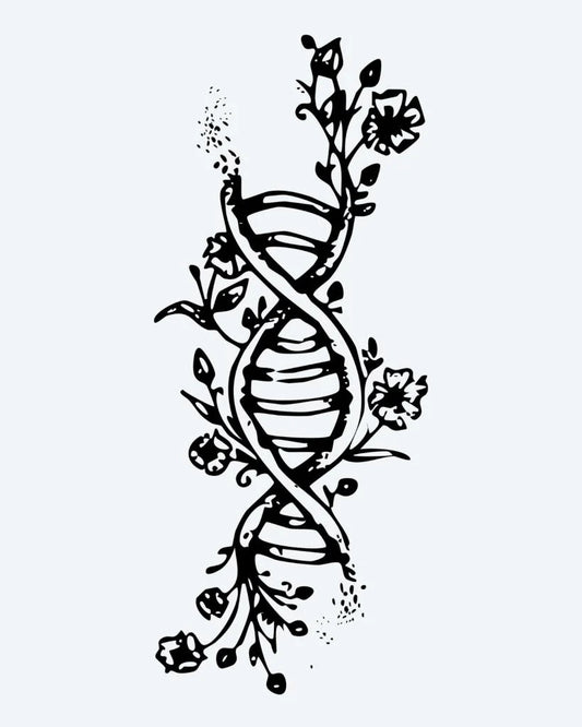 Floral DNA Helix semi-permanent tattoo design by INKON – creative, double, helix, intertwined, flowers illustration, 3 x 4 in (6x11cm), available at inkon.co