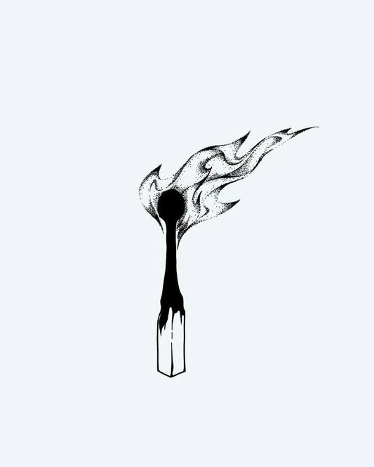 Burning Matchstick semi-permanent tattoo design by INKON – precise, dotwork, flickering, flame, burning illustration, 3 x 4 in (7x10cm), available at inkon.co