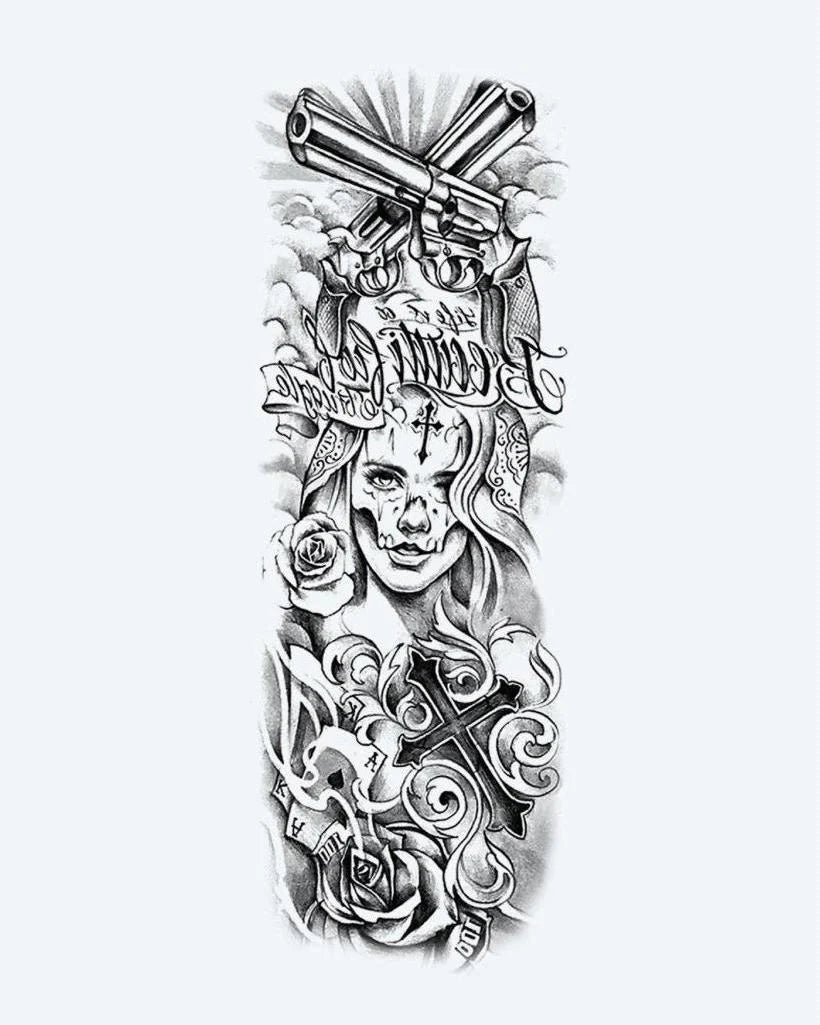 Chicano Woman & Revolvers semi-permanent tattoo design by INKON – chicano, full, sleeve, woman, face illustration, 8 x 20 in (20x50cm), available at inkon.co