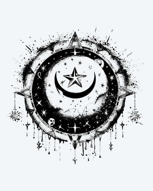 Celestial Moon & Star semi-permanent tattoo design by INKON – stunning, celestial, crescent, moon, star illustration, 3 x 4 in (7x10cm), available at inkon.co