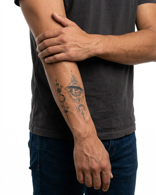 INKON Cosmic Globe & Planets semi-permanent tattoo applied on a man – 3 x 4 in (6x11cm) design, realistic ink look, lasts 10 days