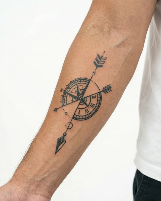 INKON Compass & Arrow semi-permanent tattoo applied on a man – 4 x 7 in (10x17cm) design, realistic ink look, lasts 10 days