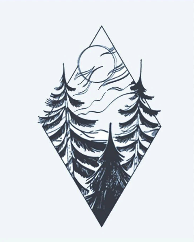 Forest Diamond semi-permanent tattoo design by INKON – scenic, pine, trees, full, moon illustration, 3 x 4 in (7x10cm), available at inkon.co