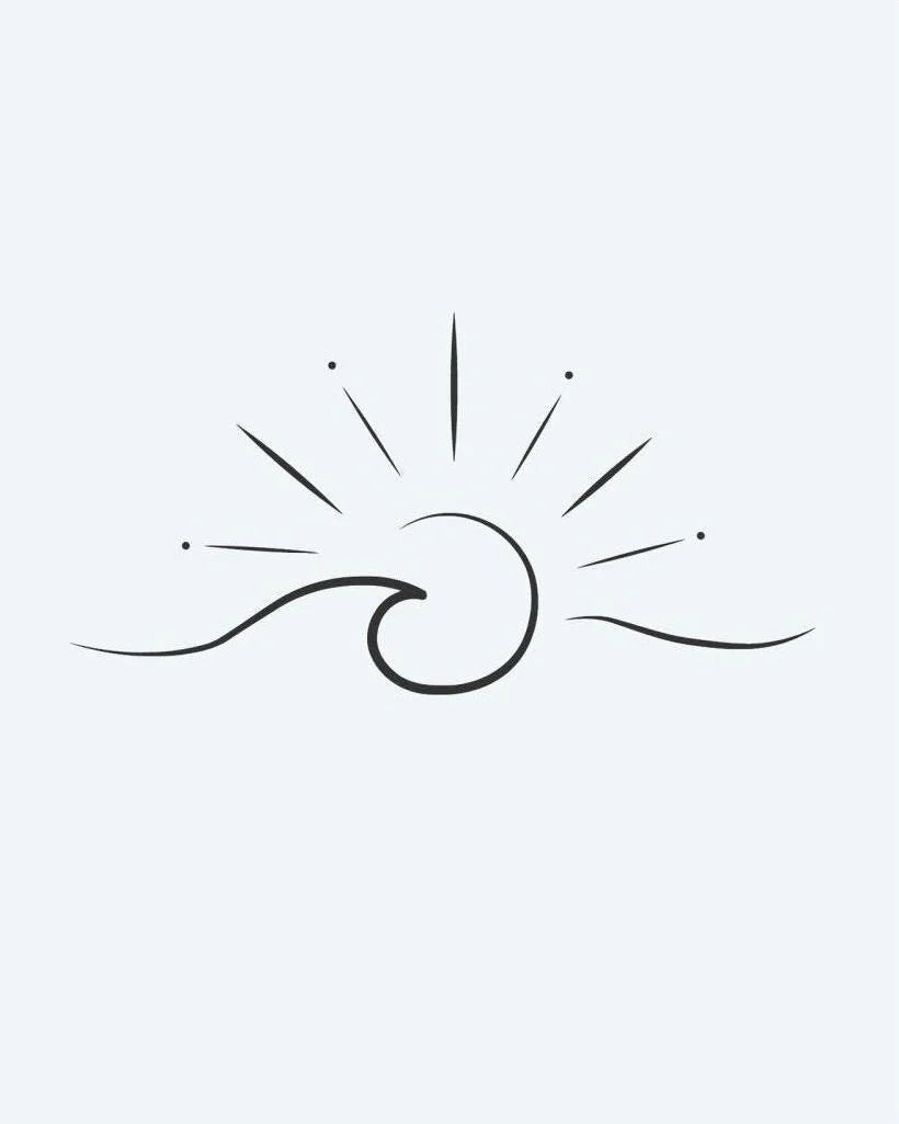 Wave & Sunshine semi-permanent tattoo design by INKON – ocean, wave, curling, beneath, rays illustration, 2 x 2 in (5x5cm), available at inkon.co