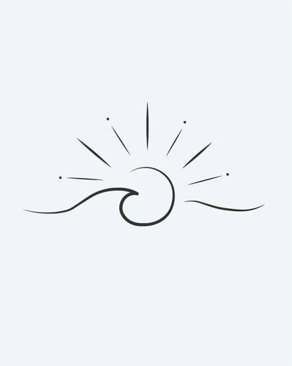Wave & Sunshine semi-permanent tattoo design by INKON – ocean, wave, curling, beneath, rays illustration, 2 x 2 in (5x5cm), available at inkon.co