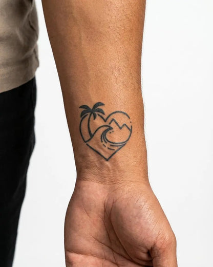 INKON Beach Heart semi-permanent tattoo applied on a man – 2 x 2 in (5x5cm) design, realistic ink look, lasts 10 days