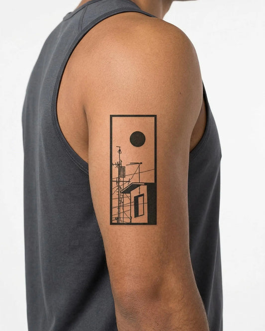 INKON Urban Rooftop Scene semi-permanent tattoo applied on a man – 3 x 4 in (6x11cm) design, realistic ink look, lasts 10 days