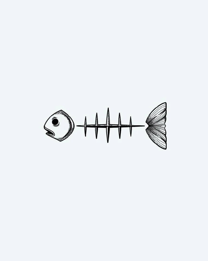 Minimalist Fish Skeleton semi-permanent tattoo design by INKON – dotwork, fine, lines, construct, minimalist illustration, 3 x 4 in (6x11cm), available at inkon.co