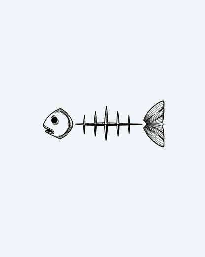 Minimalist Fish Skeleton semi-permanent tattoo design by INKON – dotwork, fine, lines, construct, minimalist illustration, 3 x 4 in (6x11cm), available at inkon.co