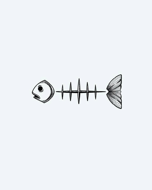 Minimalist Fish Skeleton semi-permanent tattoo design by INKON – dotwork, fine, lines, construct, minimalist illustration, 3 x 4 in (6x11cm), available at inkon.co