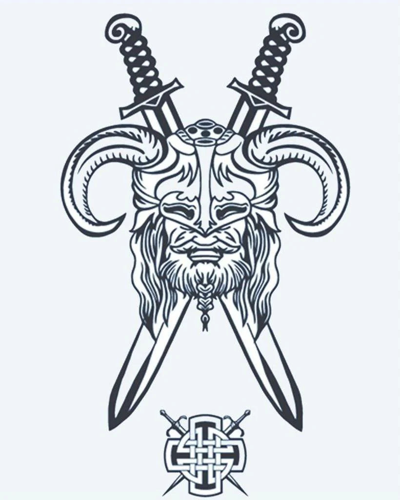 Viking Warrior & Swords semi-permanent tattoo design by INKON – horned, viking, warrior, face, long illustration, 4 x 7 in (10x17cm), available at inkon.co