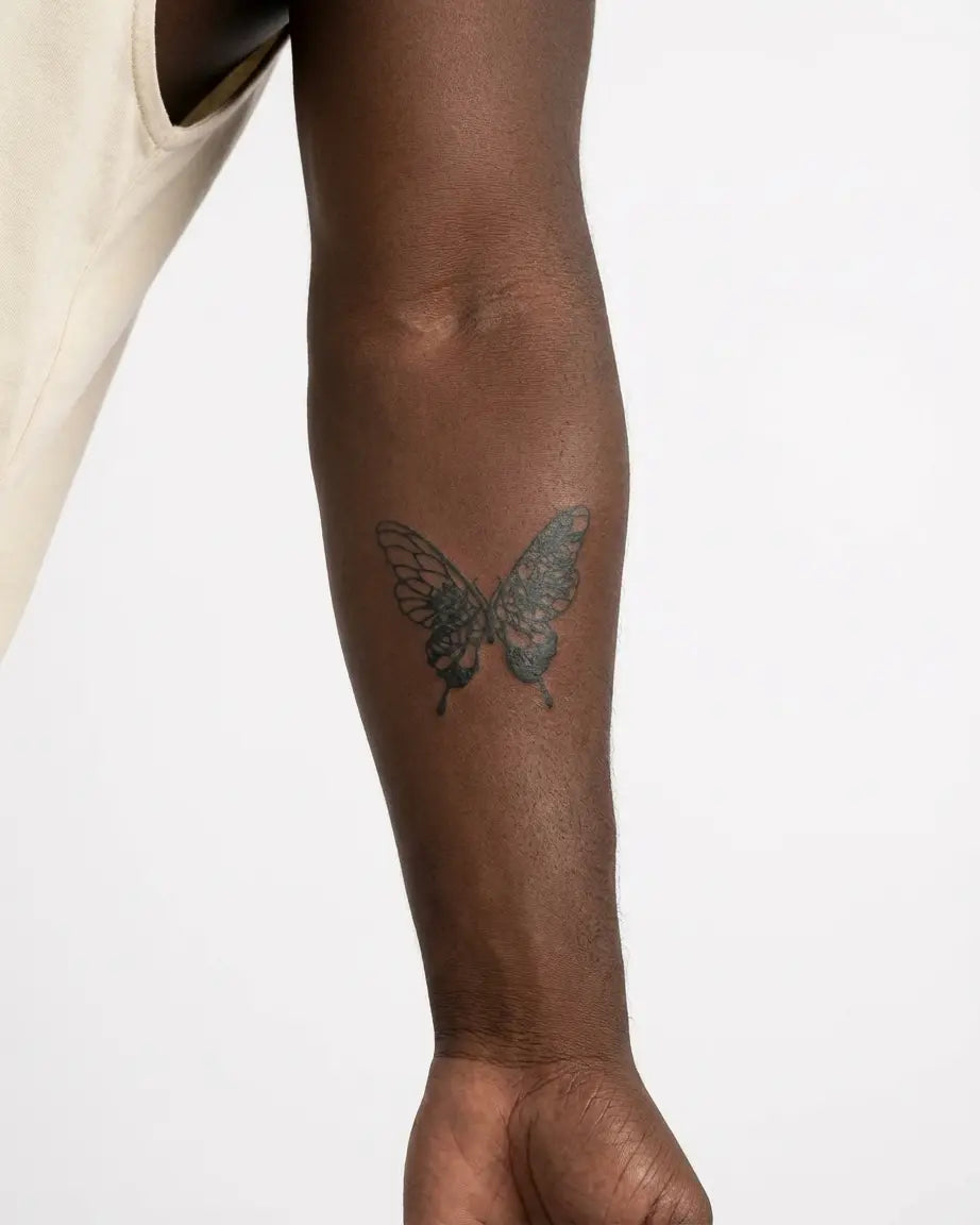 INKON Floral Butterfly semi-permanent tattoo applied on a man – 3 x 4 in (6x11cm) design, realistic ink look, lasts 10 days