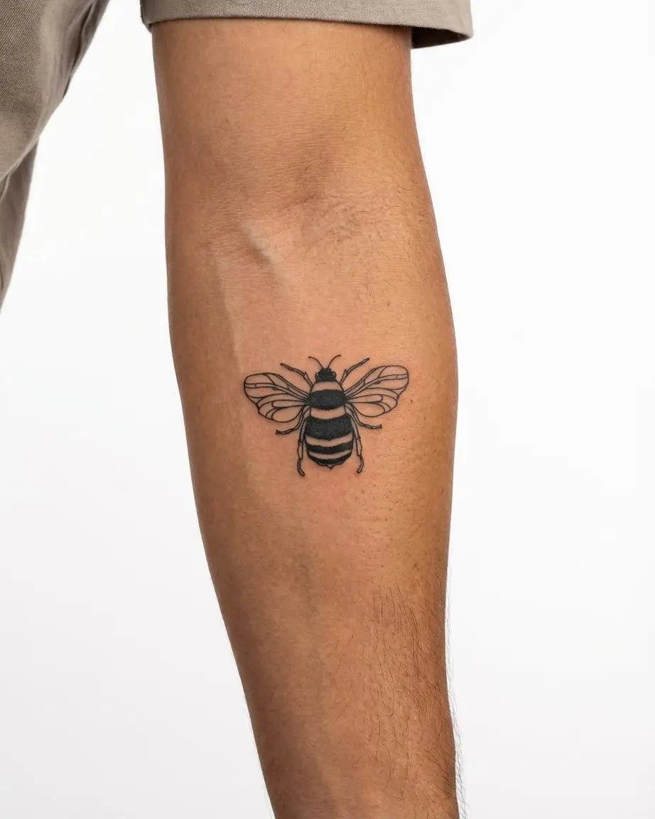INKON Honeybee semi-permanent tattoo applied on a man – 2 x 2 in (5x5cm) design, realistic ink look, lasts 10 days